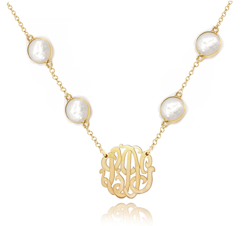 18K Gold Vermeil Initials necklace 1" (Order Any Initials) - Choose from: Amethyst, Turquoise, Pearl, Onyx, Ruby, Emerald, Rose Quartz