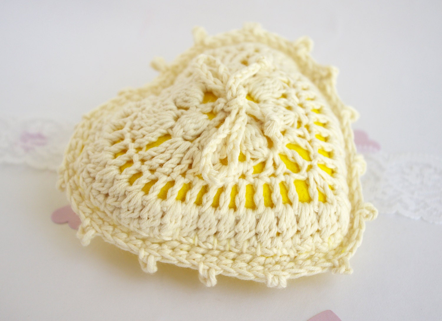 Wedding Pillow Heart Crochet Ring bearer Lace White Yellow