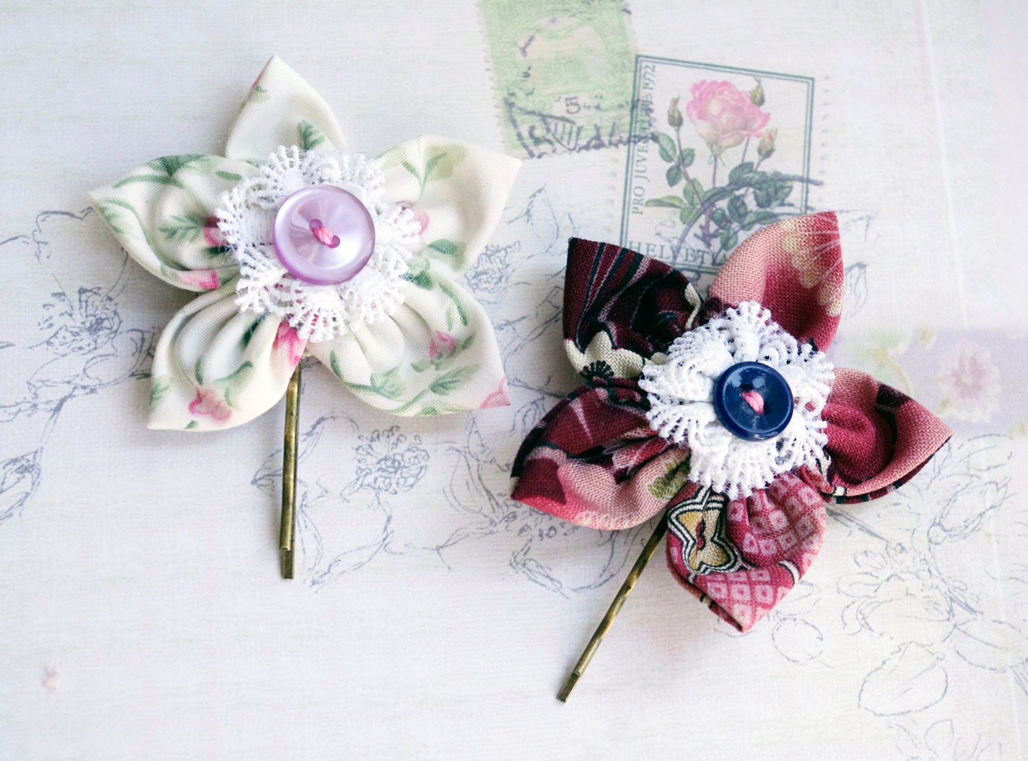 Flower Hair Pin accessories set Ecru Pink Burgundi Fabric Antic lace