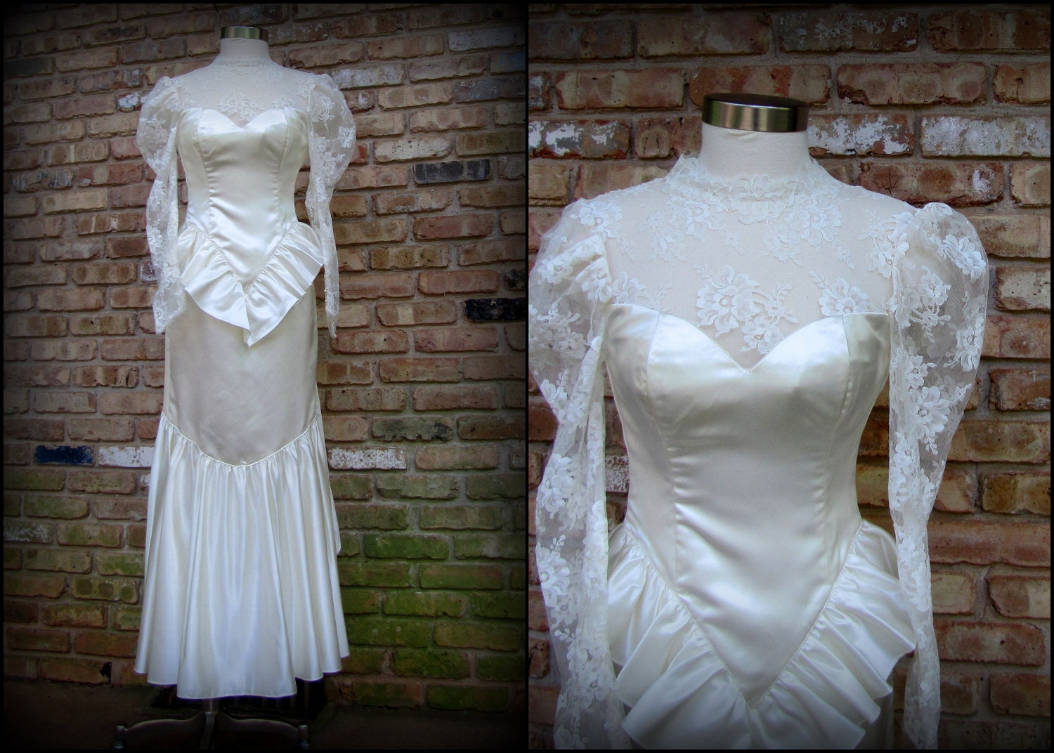 Vintage Wedding Gown / Ivory Jessica McClintock Satin and Lace Wedding Gown / 1980s / Small