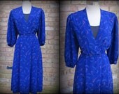 Vintage Dress / Cobalt Blue Secretary Dress / 1980s / Large