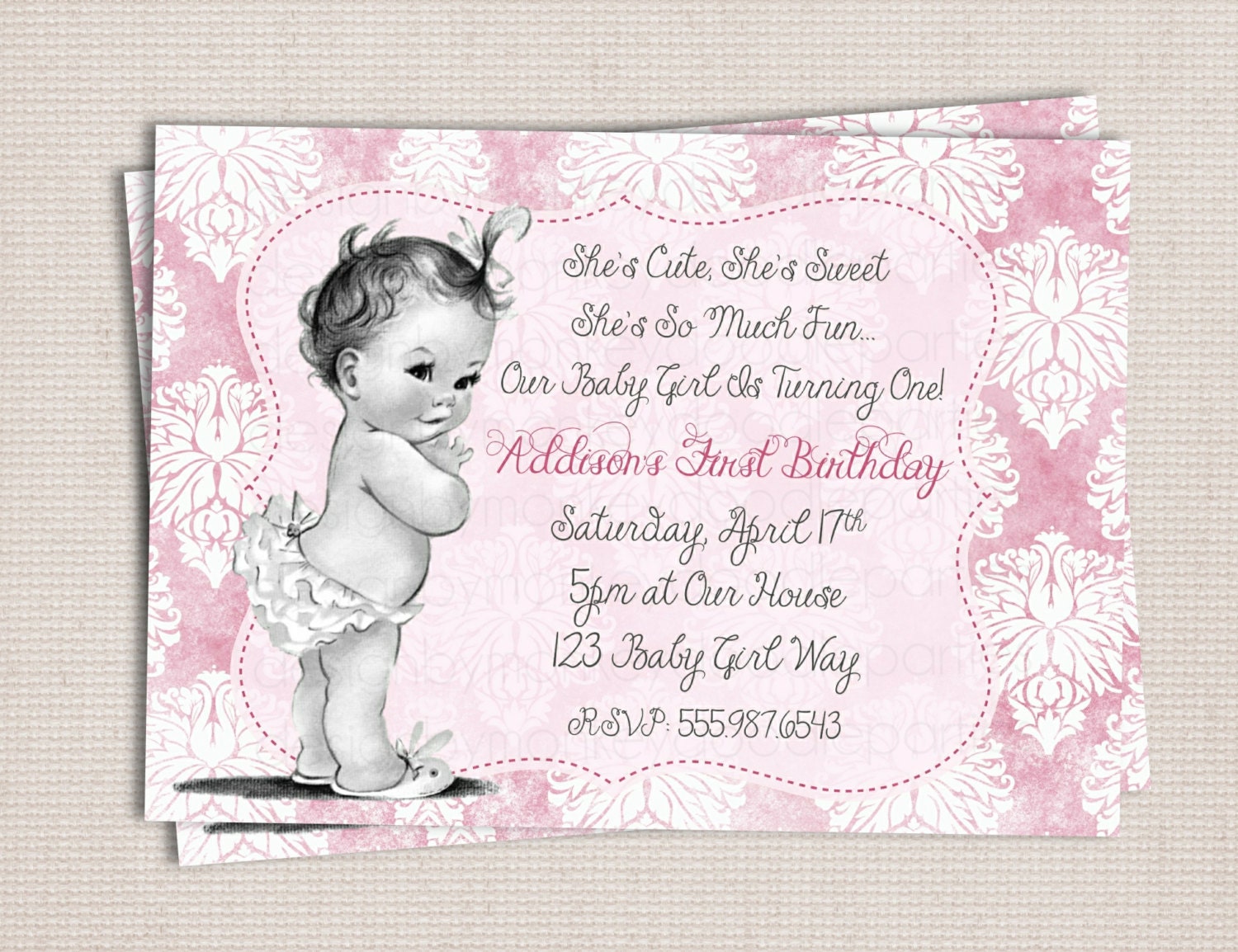 Vintage Shabby Chic Baby Girl Birthday Party Printable Invitation Digital File Il_170x135
