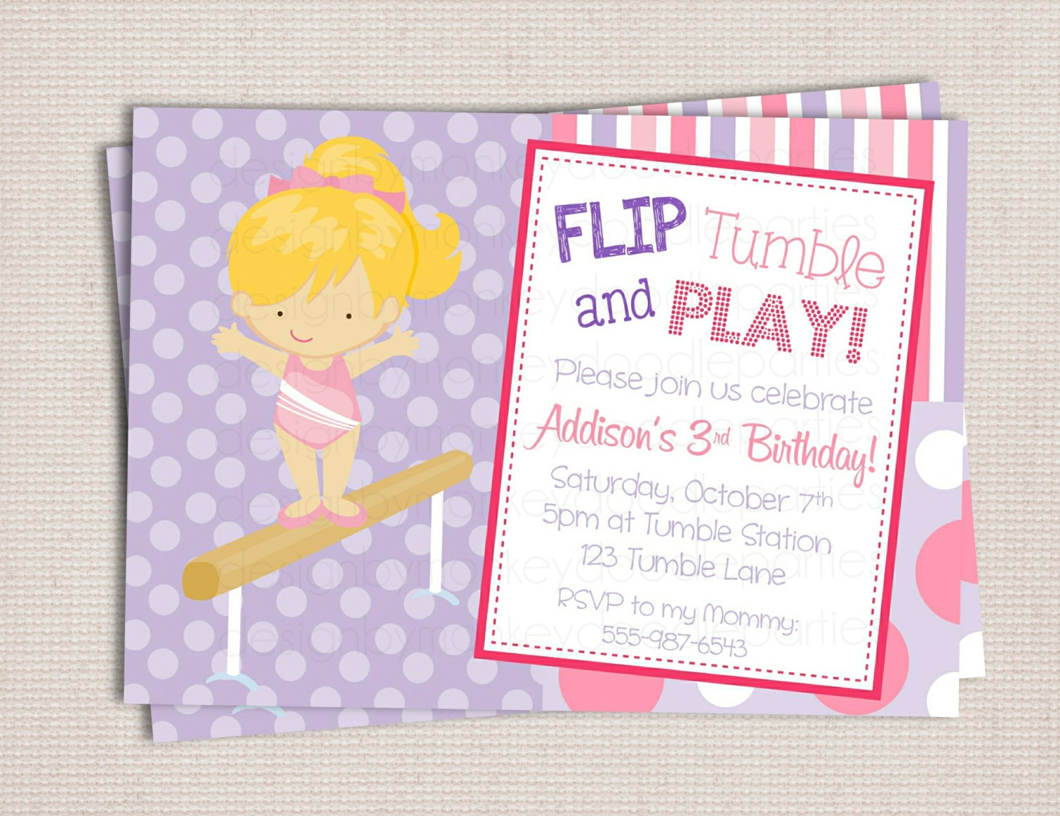 Girl's Custom Pink & Purple Polka Dots Gymnastics Birthday Party Printable Invitation Il_170x135