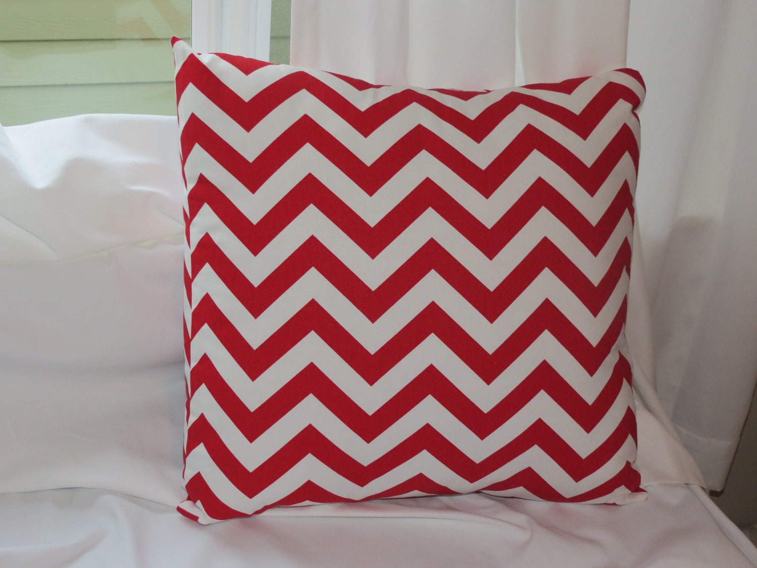 20" Square Pillow Cover in Red & White Chevron / Ready to Ship