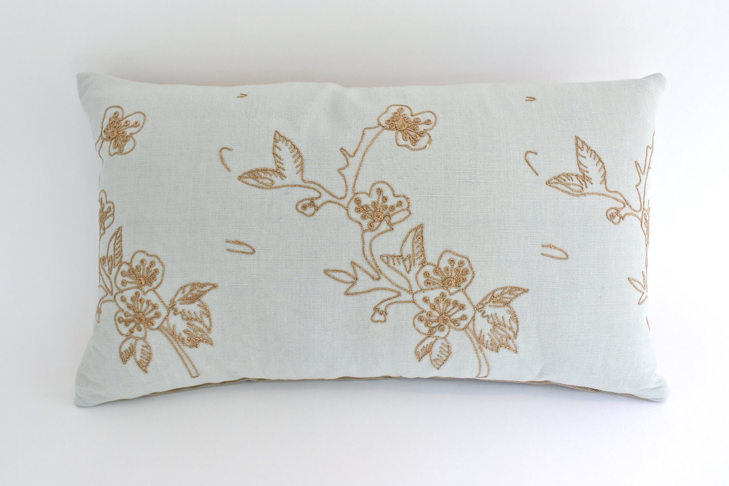 Embroidered Lumbar Linen Pillow Cover in Smokey Blue with Embroidered Flowers