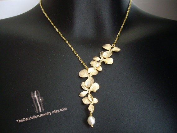SALE, 10% OFF: Asymmetrical flowers cascade necklace in gold, flower necklace, lariat necklace, wedding jewelry, bridesmaid