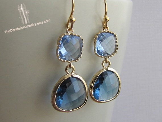 SALE, 10% OFF: Sapphire blue-Dark blue framed glass earrings in gold, dangle earrings, drop earrings, chandelier earrings