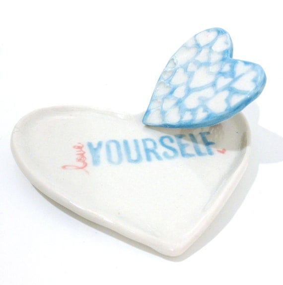 Porcelain Jewelry Heart Dish in White, Blue and Pink with Writing "Love Yourself" READY TO SHIP