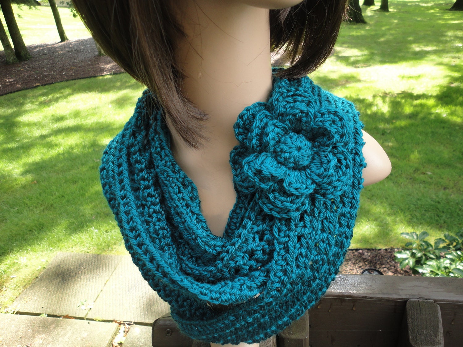 Teal Crochet Scarf with Flower Brooch Pin