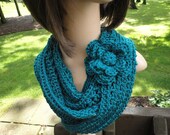 Teal Crochet Scarf with Flower Brooch Pin