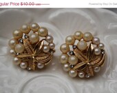 June Sale Vintage Trifari Faux Pearl and Rhinestone Flower Earrings