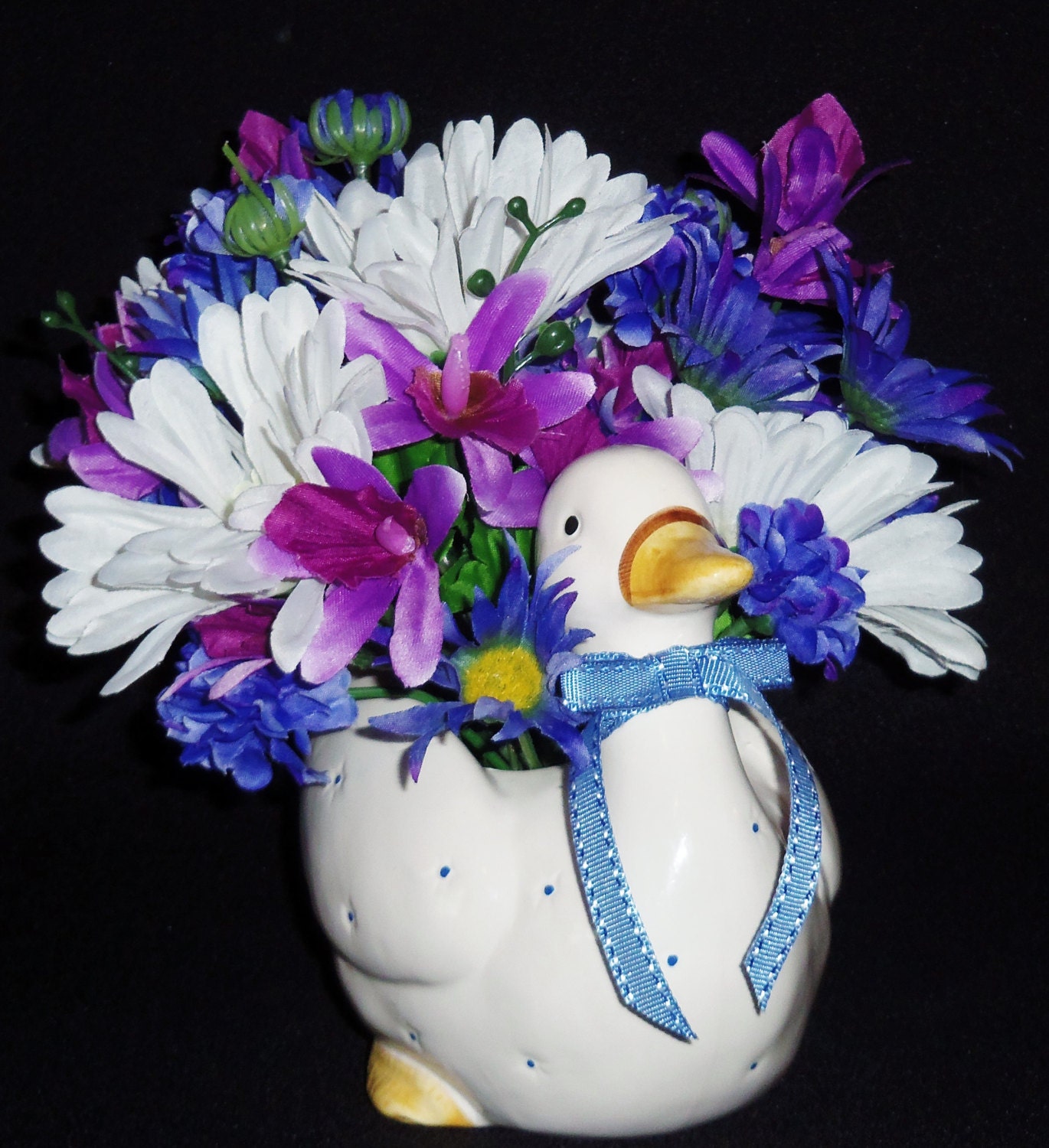Silk Floral Arrangement, White Daisies, Blue with Purple Daisies, Duck Vase, Baby Boy Flowers, Artificial Flower Arrangement, Silk Flowers