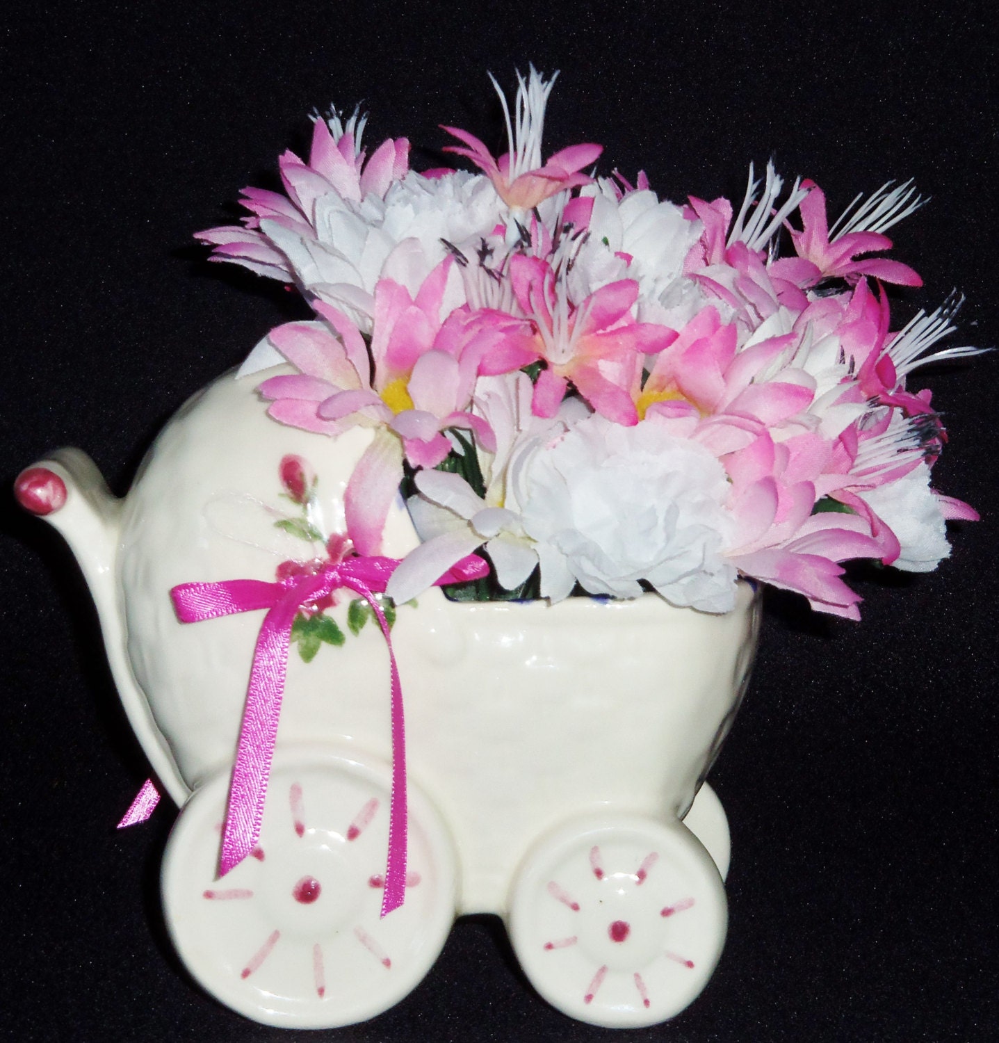 New Baby Girl Silk Floral Arrangement, Pink & White Daisies, White Carnations, Pink Jasmine, Artificial Flower Arrangement, Silk Flowers