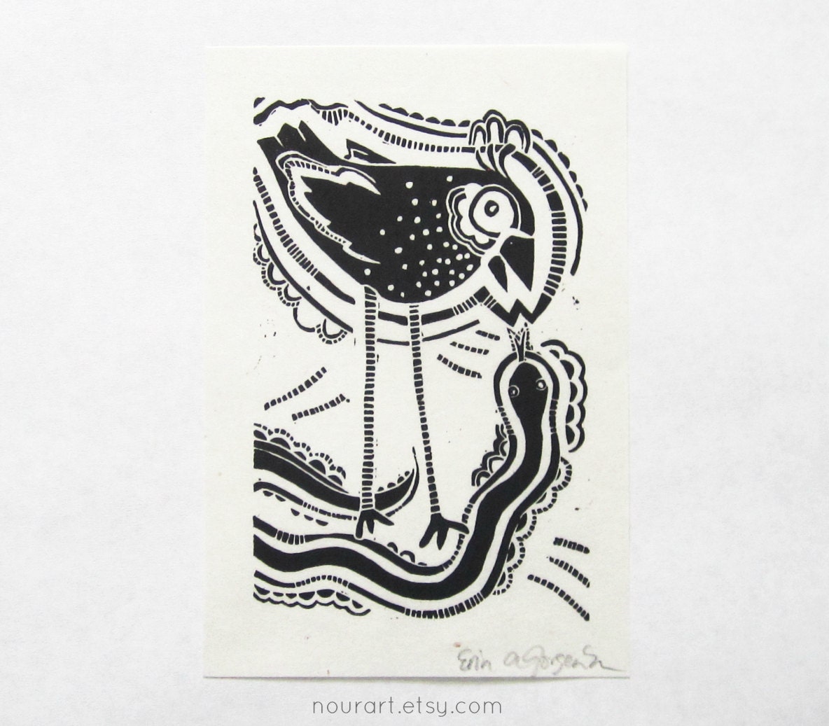 bird & snake -- hand-printed linocut, 4x6 -- black and white art, animal art, storytelling, hand-pulled print, block print, home decor