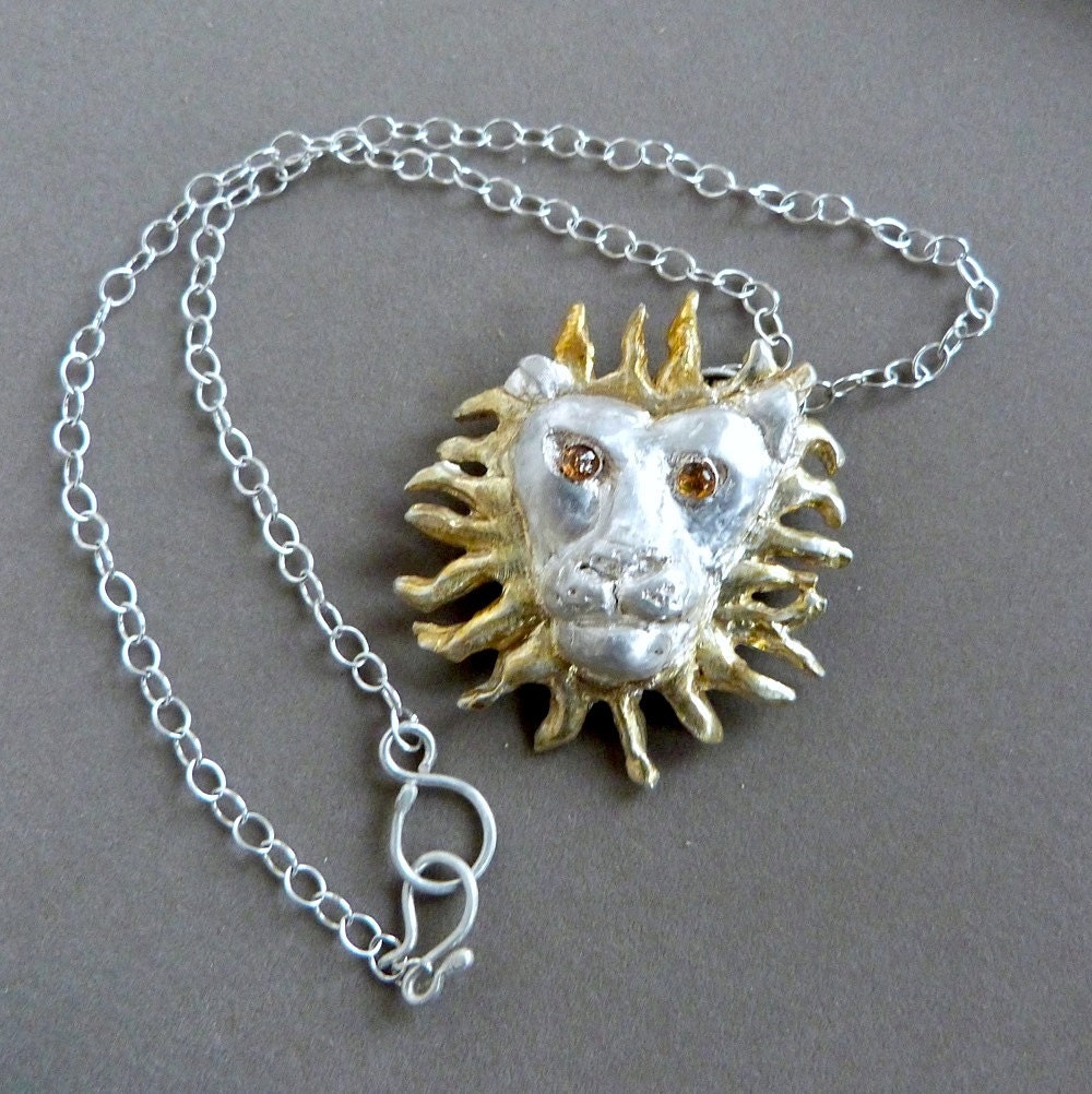 Fine Silver Lion Mask Pendant with 22K Gold Keum Boo & Golden Sapphire Handmade One of a Kind