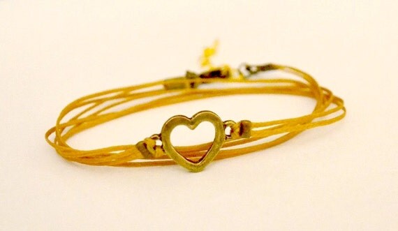 Wrapped heart bracelet - cord wrap bracelet with a bronze heart charm - golden brown string bracelet, elegant bracelet, delicate bracelet
