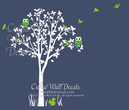 Vinyl wall decals white tree and animal  owls squirrel birds Nature Tree Wall mural Nursery wall decal children- tree owl brids Z145 Cuma