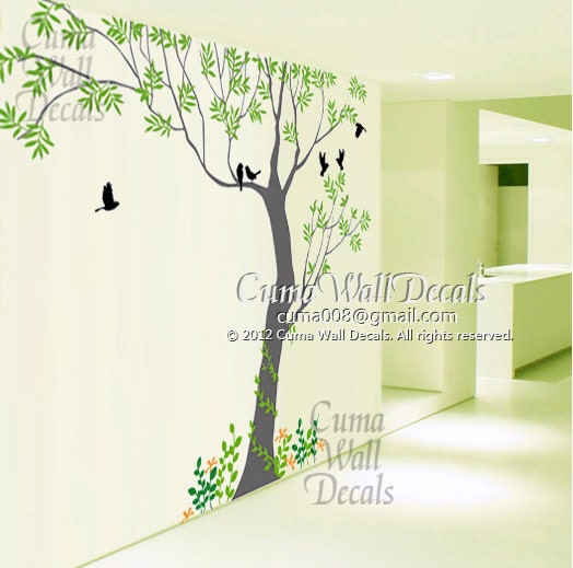 Tree wall decals Bird wall art Home decors flower Murals Removable vinyl decals sticker grass-  Tree with birds flowers grass in spring Z109
