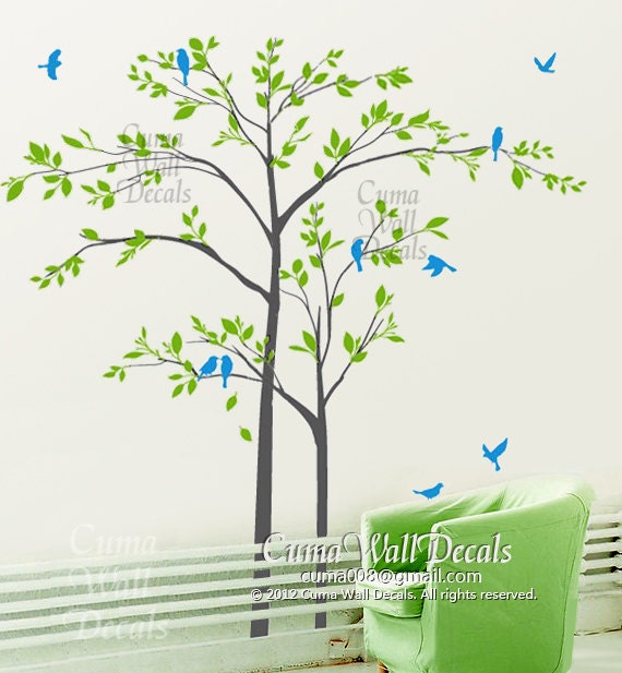 tree and birds wall decals nursery vinyl wall decals forest vinyl mural nature wall decals office- 2 trees birds Z164 cuma wall decals