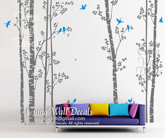tree wall decal birds nature forest Vinyl wall decals wall decal nursery wall sticker children - 7tree birds deers Z147 Cuma