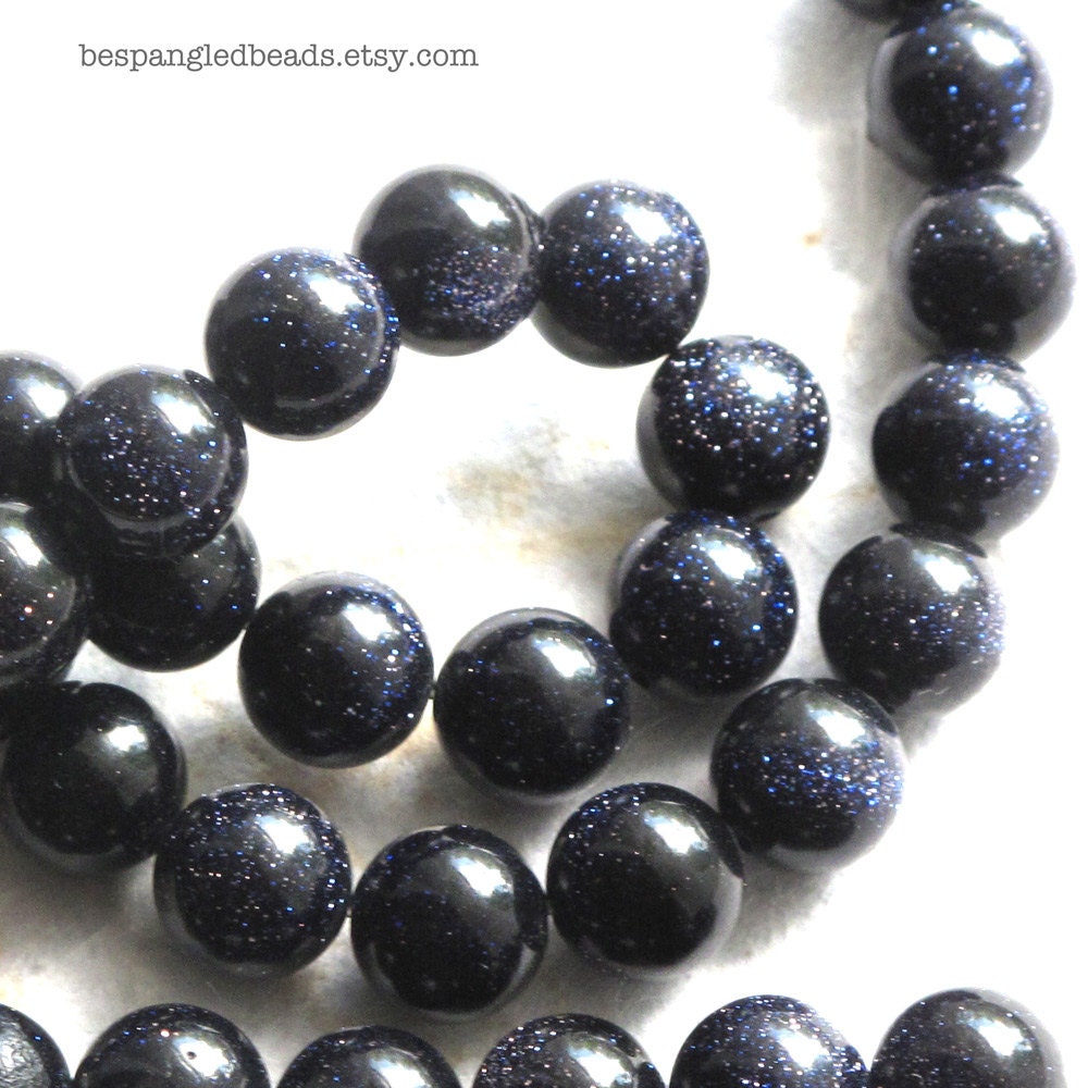 Blue Goldstone 8mm Round Smooth Beads (one strand) Dark Navy Blue with Copper flecks "Starry Night"