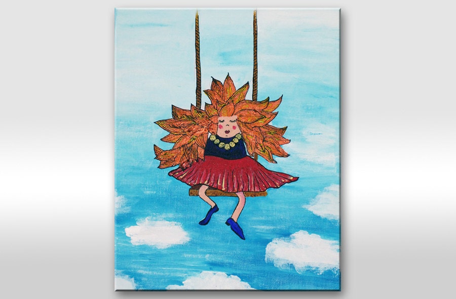 ORIGINAL PAINTING on canvas. Small artwork with orange hair girl on swings "In the clouds". Girl illustration - Nursery decor-Kid-Child