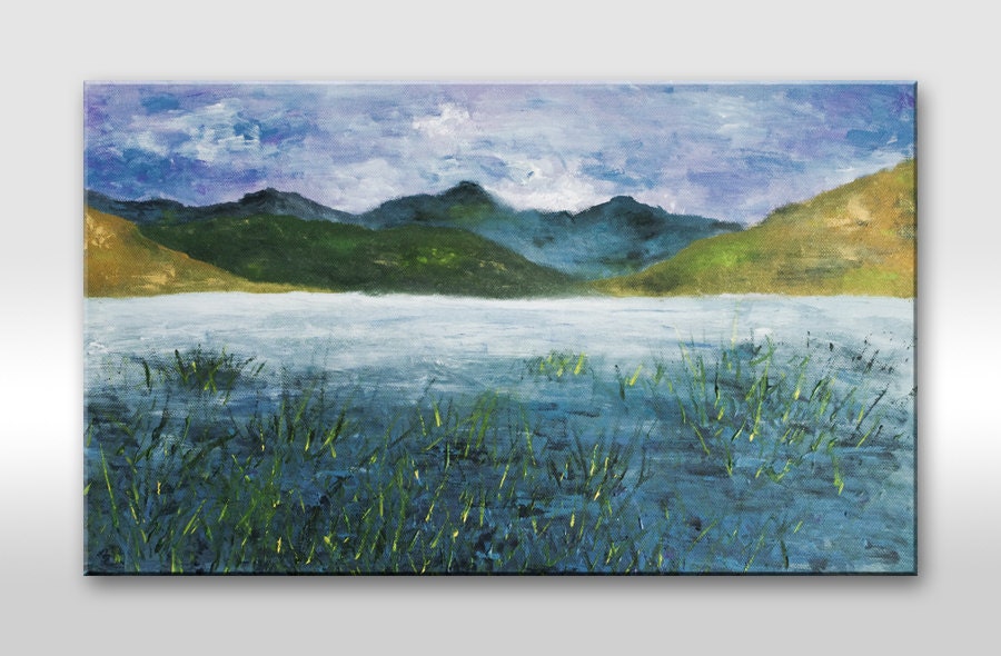 Original mountains and lake landscape painting on canvas Gray Green Blue mist water nature art home decor acrylic painting 12x20 artbyasta - AstaArtwork