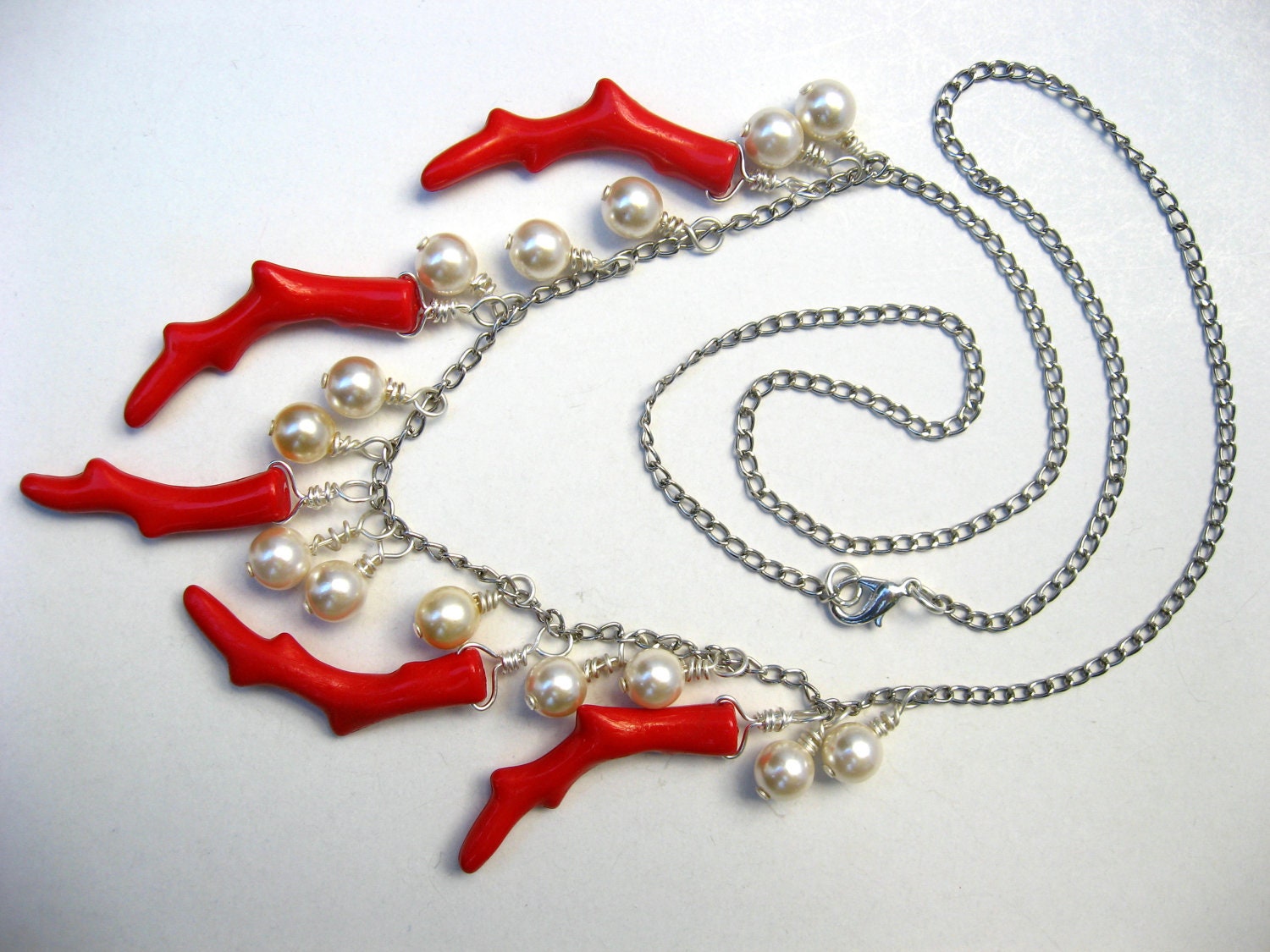 Coral Branch Necklace w/ Pearl Charm, Chain Bead Necklace, Wire Wrap, Playful Necklace