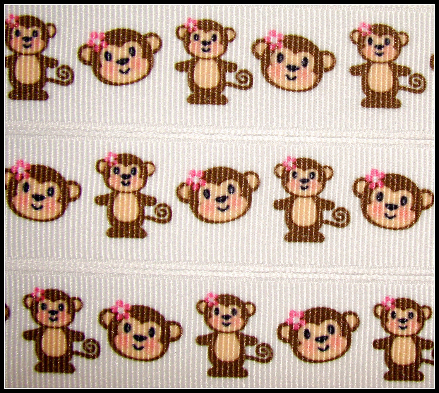 7/8" Miss Monkey White Printed Grosgrain Ribbon 3 Yards