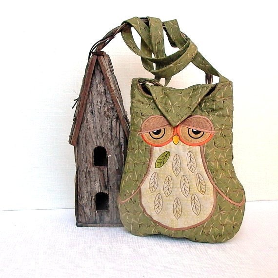 Owl Small Quilted and Embroidered Shoulder Bag Cross Body Fabric Purse "Celeste" in olive green and brown - seablossomdesign