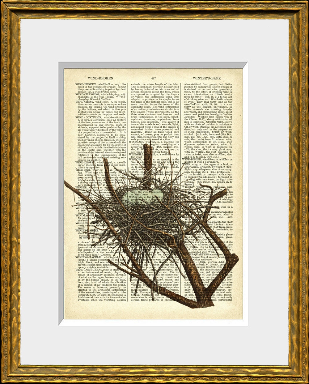 NEST with 4 BLUE EGGS - old book page art print - upcycled antique dictionary page with an antique nest illustration - vintage home decor
