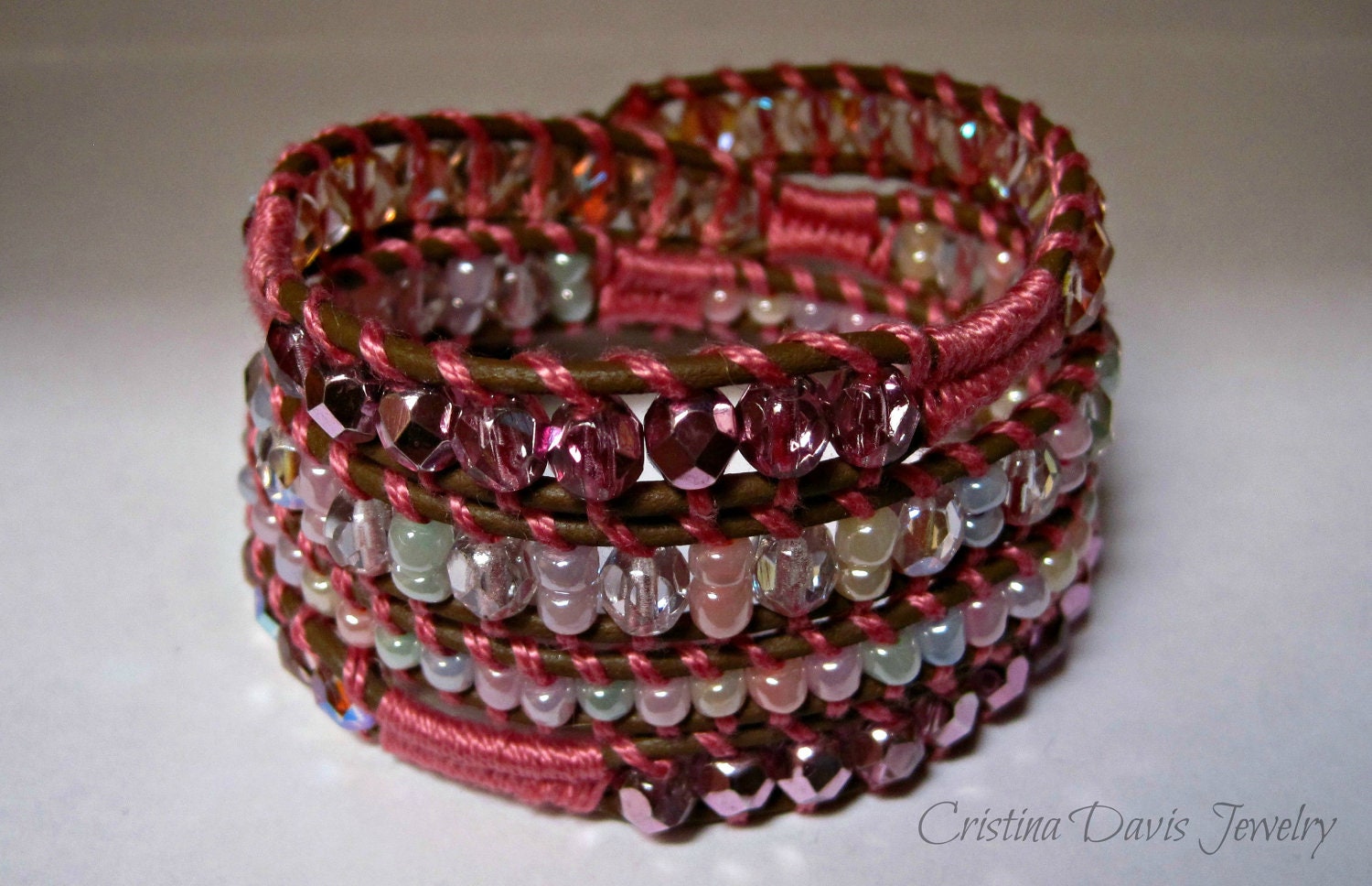 Leather Wrap Bracelet, Love at first sight, Pink Beaded, Boho Chic,