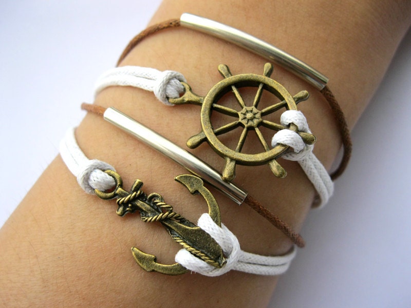 Bracelet-antique bronze rudder bracelet,anchor Bracelet,wax cords bracelet