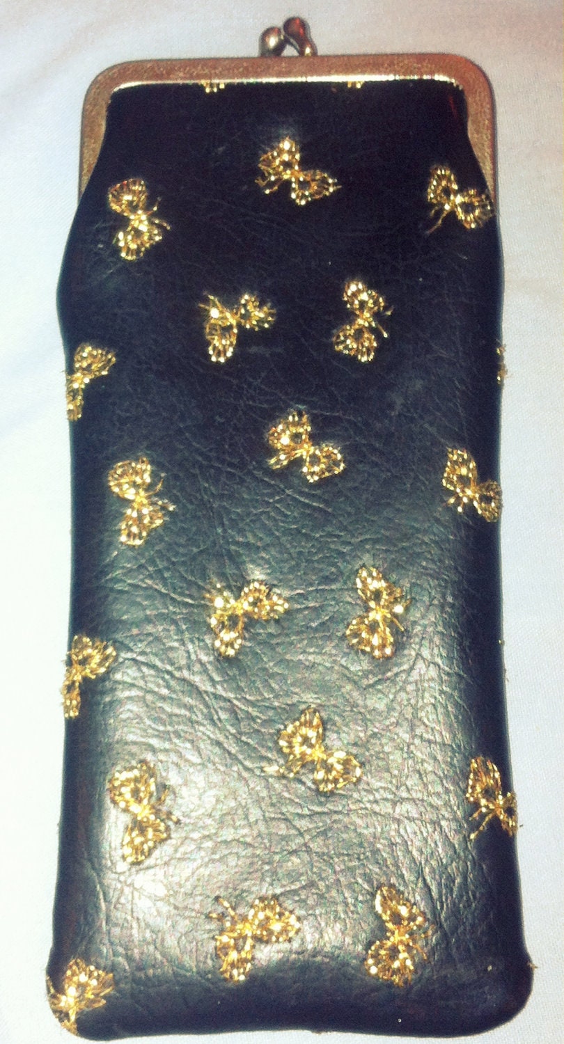 Black Gold Bows Brass Leather Case Purse holds regular case of cigarretes, your change, Iphone or Glasses pouch, bill holder