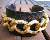 Couture Chic Black and Copper Brown Snake Embossed Leather Cuff Bracelet with Huge Gold Chunky Curb Chain..."FREE SHIPPING"