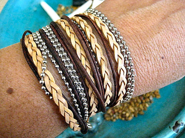 Boho Natural Leather Wrap Bracelet with Silver Accents... Magnetic Clasp ..."FREE SHIPPING"