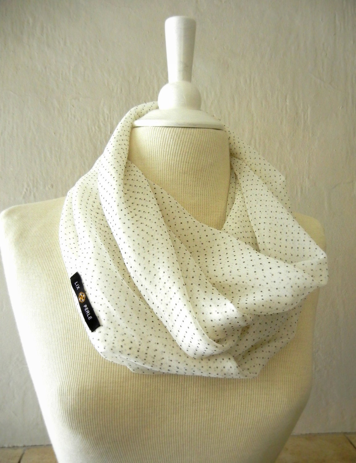LIX PERLE: Fabric 100% Silk, White ivory/black polka dots circular tube dressy versatile infinity, Polka Dots White Infinity Scarf