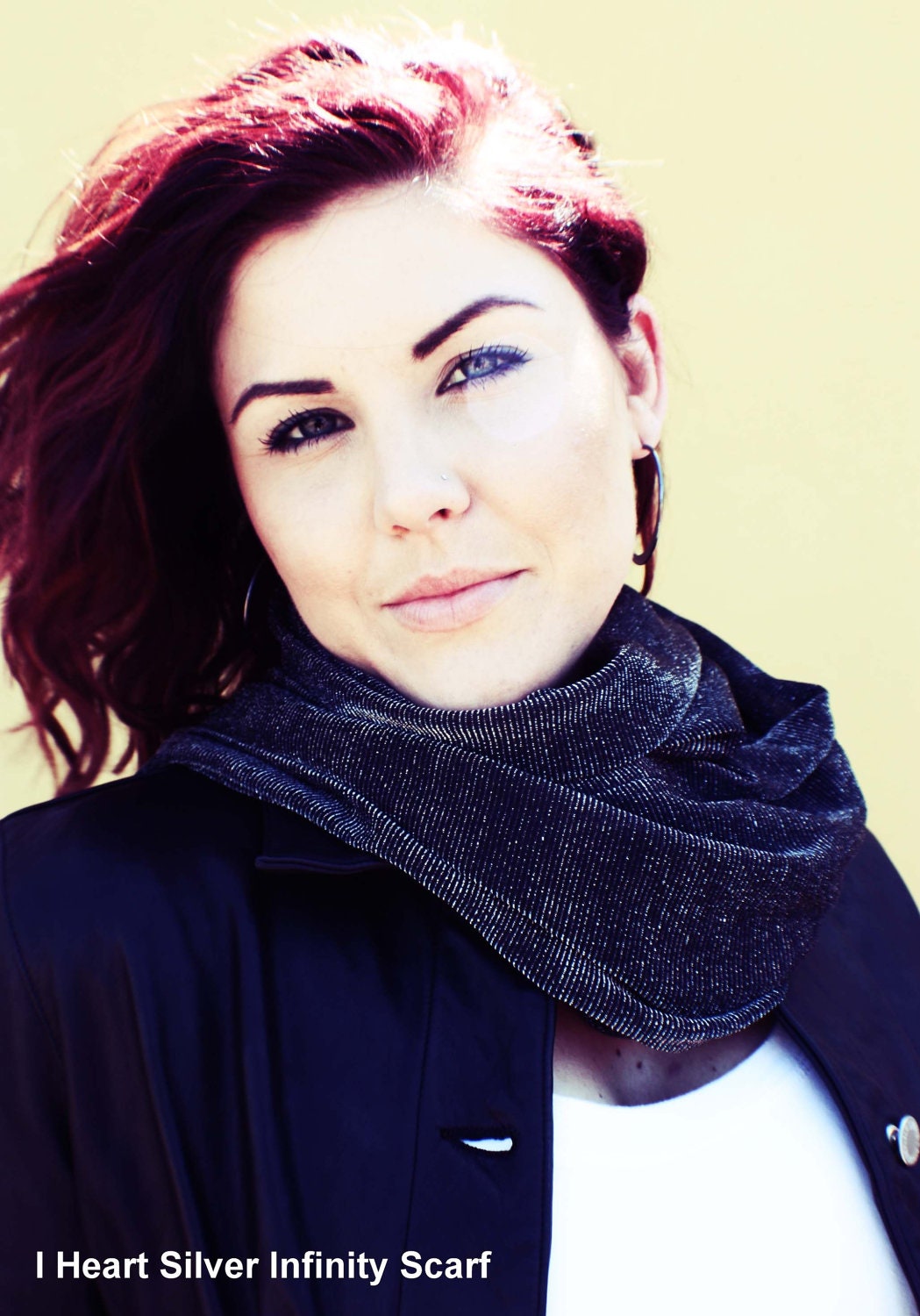 LIX PERLE: Fashion shimmer fabric metallic silver Circular Tube Infinity, I Heart Silver Infinity Scarf
