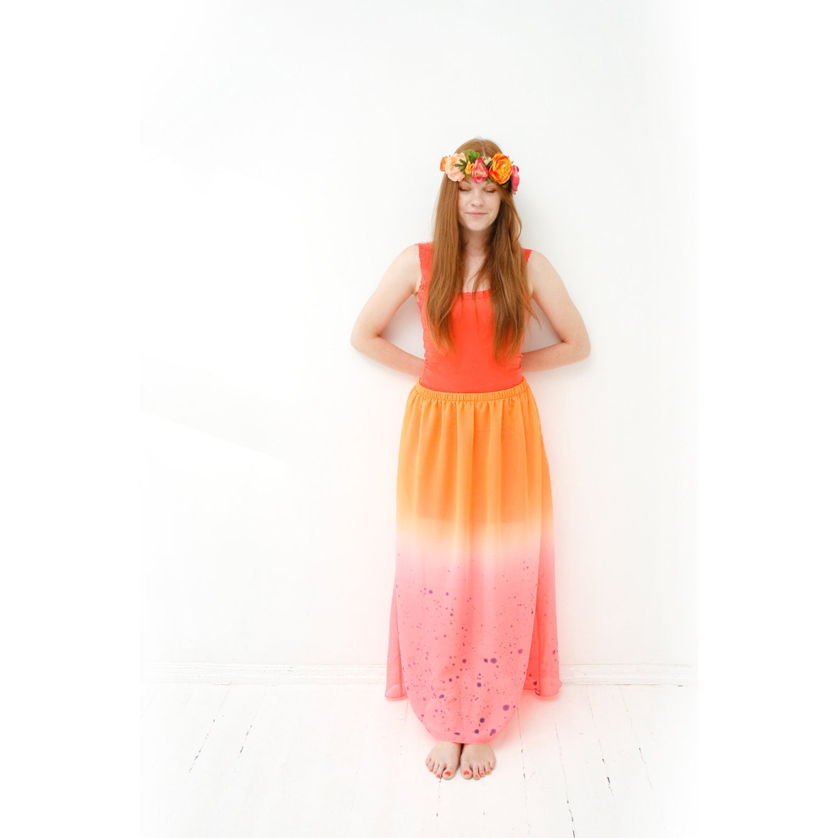 Grapefruit- neon orange & pink maxi skirt with delicate dark blue color splashes