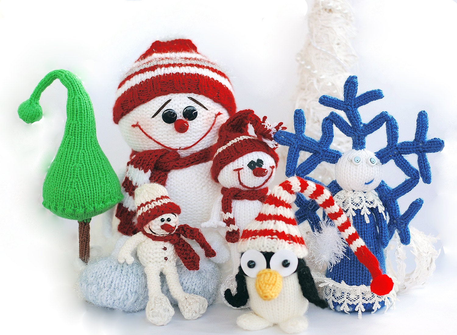 SALE New Year and Christmas patterns. 3 Snowmans, Snowflake , Penguin and New Year tree pdf knitting patterns. Christmas Ornament