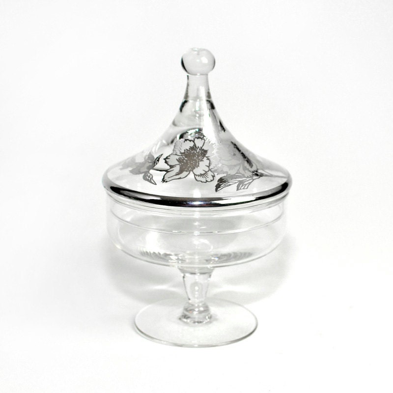 Glass Apothecary Jar with Silver Floral Design - Beautiful Candy Dish, Wedding Accent or Seasonal - Vintage Home Decor or Use