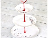 Levittown Red: Vintage Cake Stand 3 Tier Mini Cupcake Display 1950s Dishes Starburst Sunburst Gray Rose Gift Set for Hostess