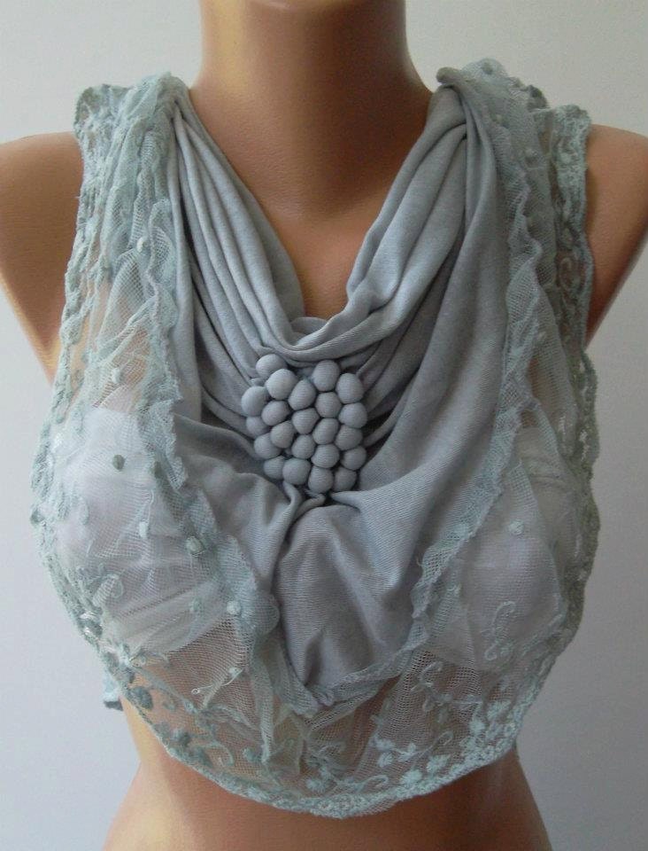 Georgeus Scarf   Grey Scarf Elegance Scarf - with Lacy Edge......Trend Scarf