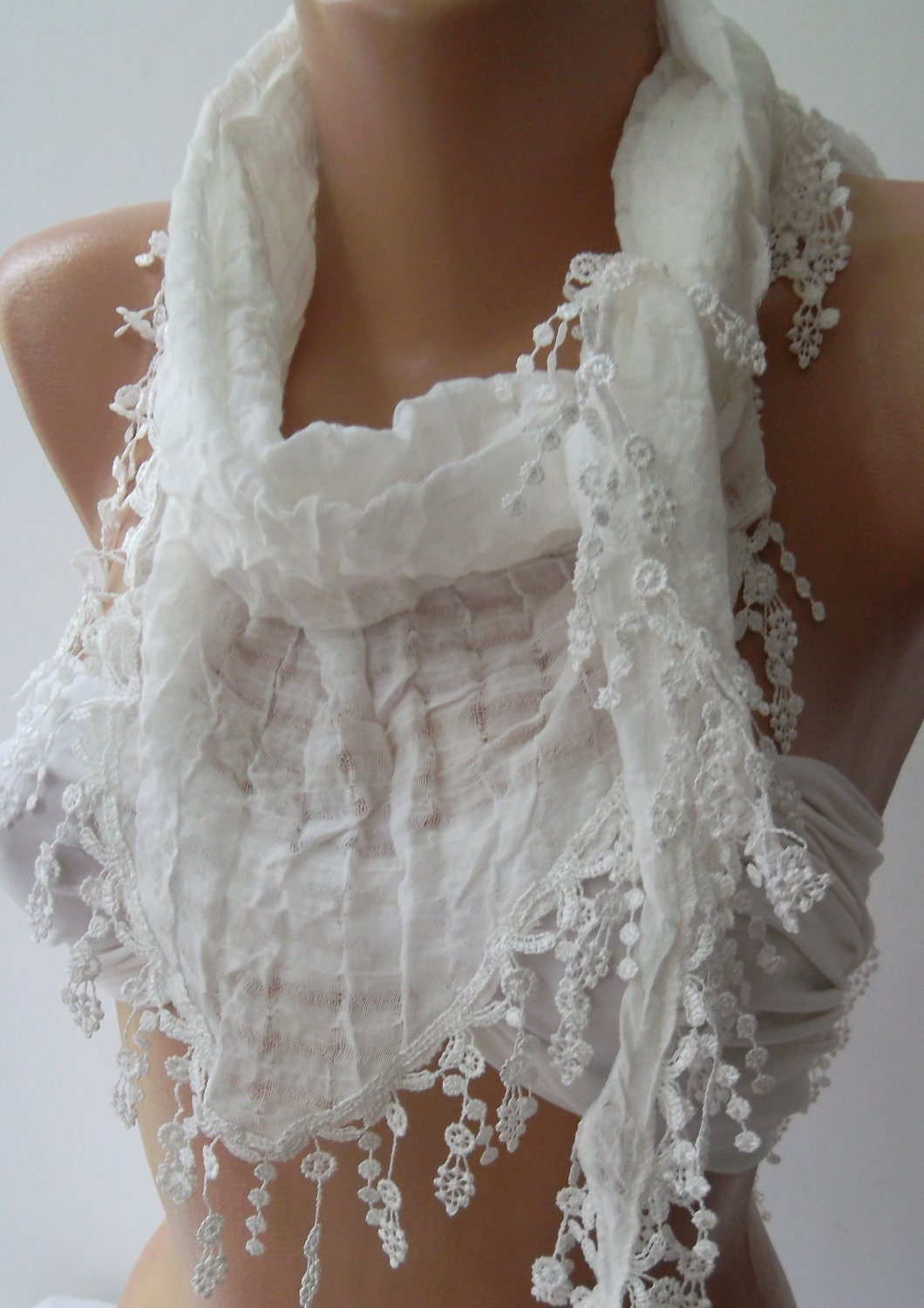 White - Elegance Shawl / Scarf with Lace Edge
