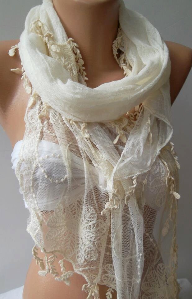 Pearl White ---- Elegance Shawl / Scarf with Lace Edge-