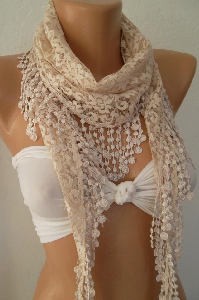 Beige / Elegance Shawl / Scarf with Lacy Edge
