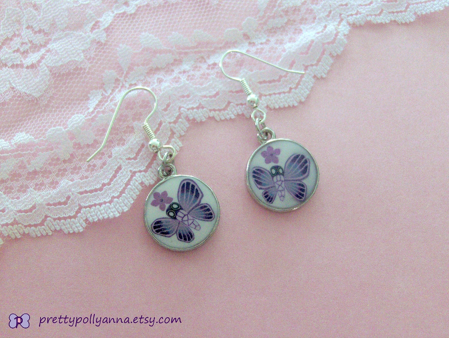 Kitsch, Abstract Purple Butterfly & Flower Design Dangle Hook Earrings