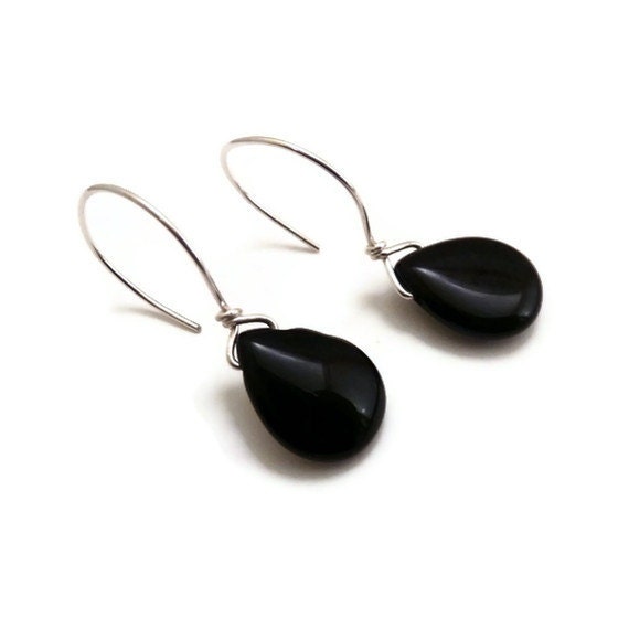 Black Onyx Earrings - Drop Earrings - Teardrop Earrings with Sterling Silver Filled Earwires - FulfilledDesigns