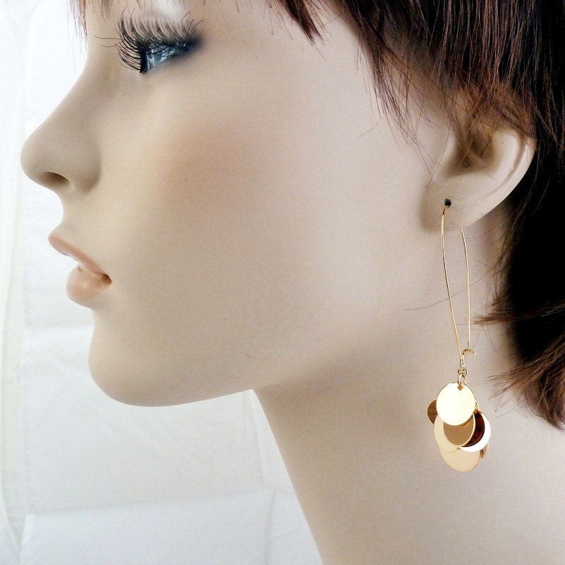 Disc Earrings - Dangle Earrings - Gold Disc Earrings with 22k Gold Plated Long Kidney Wire - Customizable