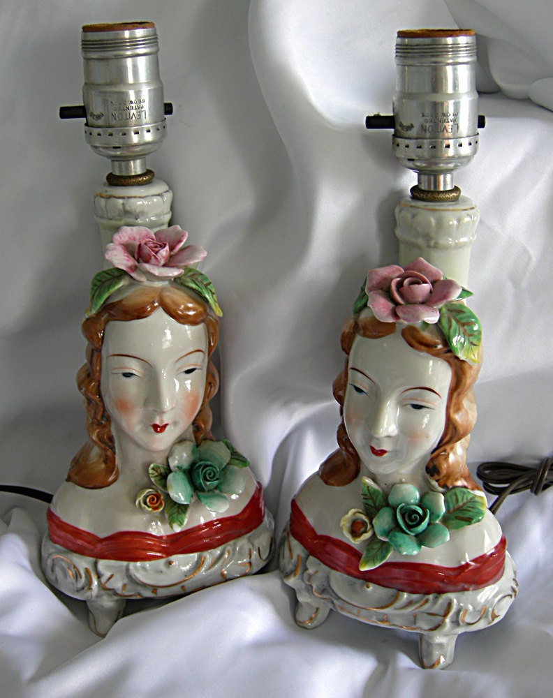 Mid Century Pair of Footed Porcelain Figural Lady Lamps for the Boudoir - Marked Made In OCCUPIED JAPAN - Vintage 1945 - 1952